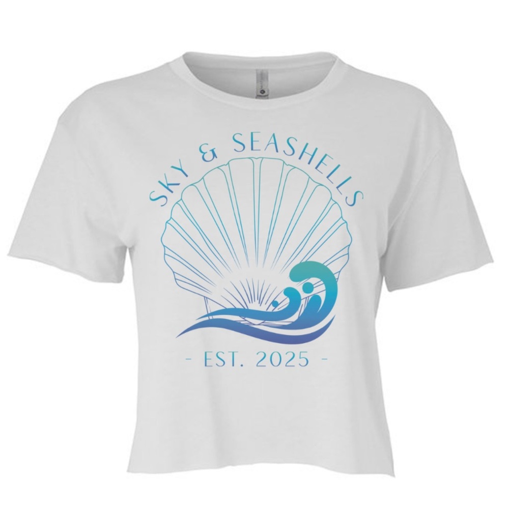 Sky & Seashells Est. 2025 Festival Women's Crop T-shirt in White/Gradient Colors